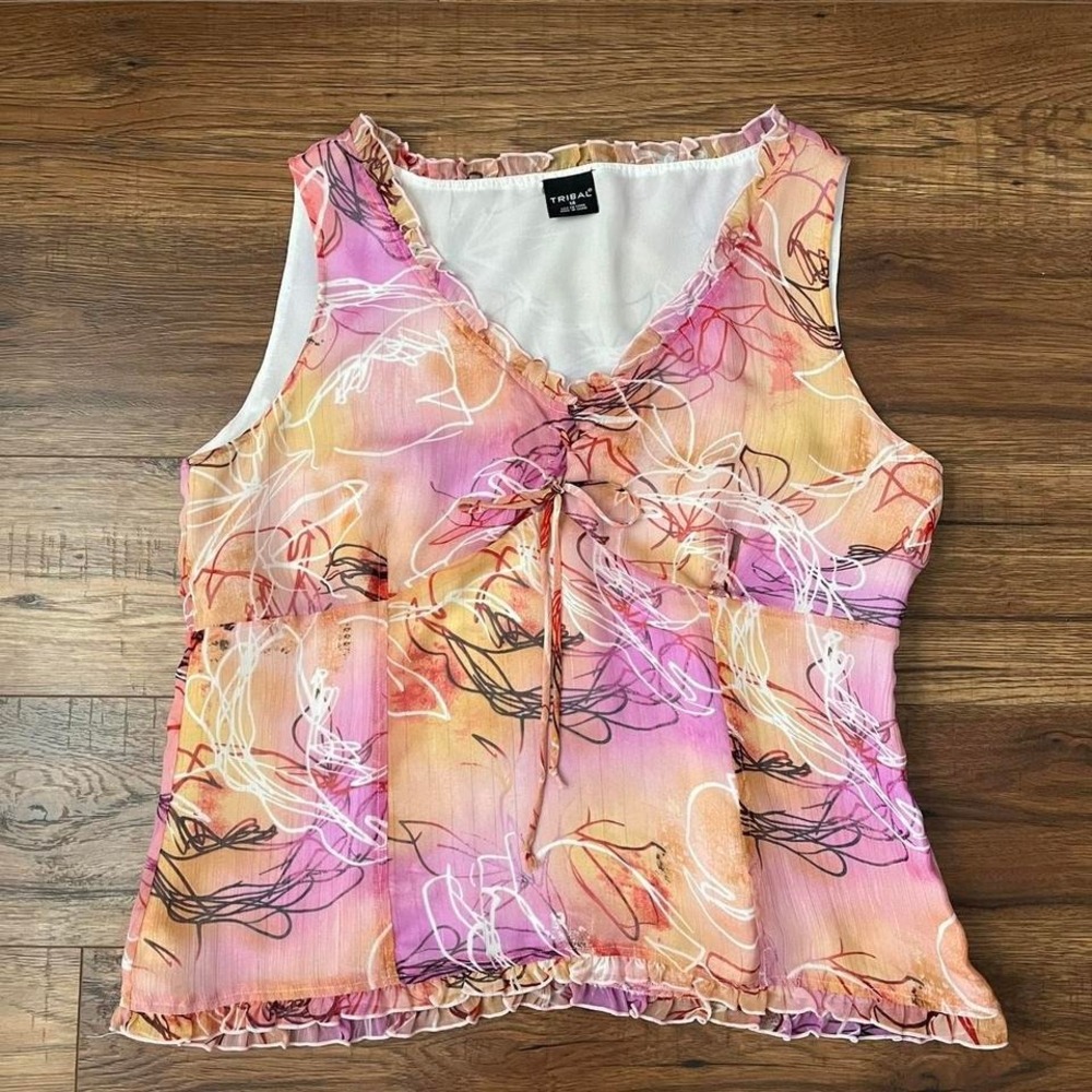 Vintage Y2K Mesh‎ Tank Top Abstract Pink Yellow Print Ruffle Women 14 Coquette